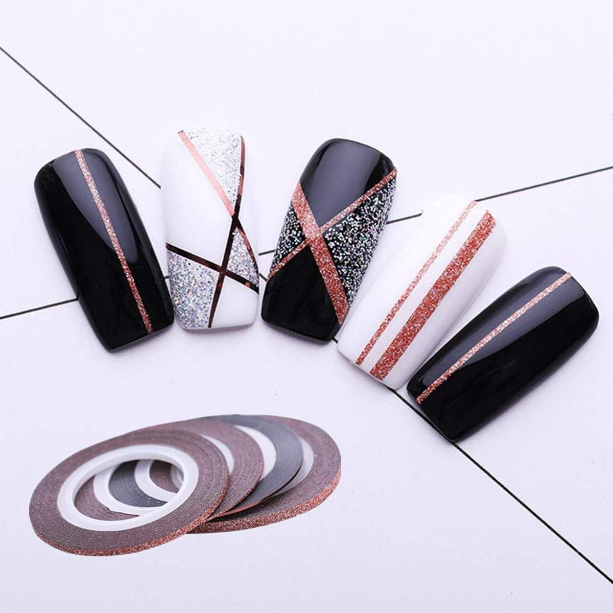 Lot de 8 rouleaux de ruban adhésif à rayures pour décoration d'ongles Or rose