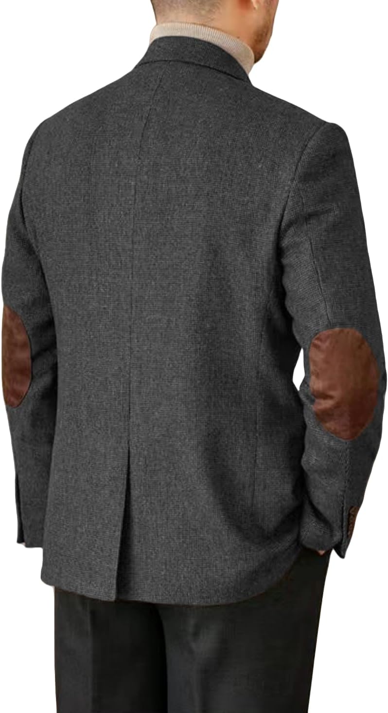 Mens Blazer Vintage Tweed Blend Two Button Sport Formal Coat Jacket with Pocket Square,Elbow Patch