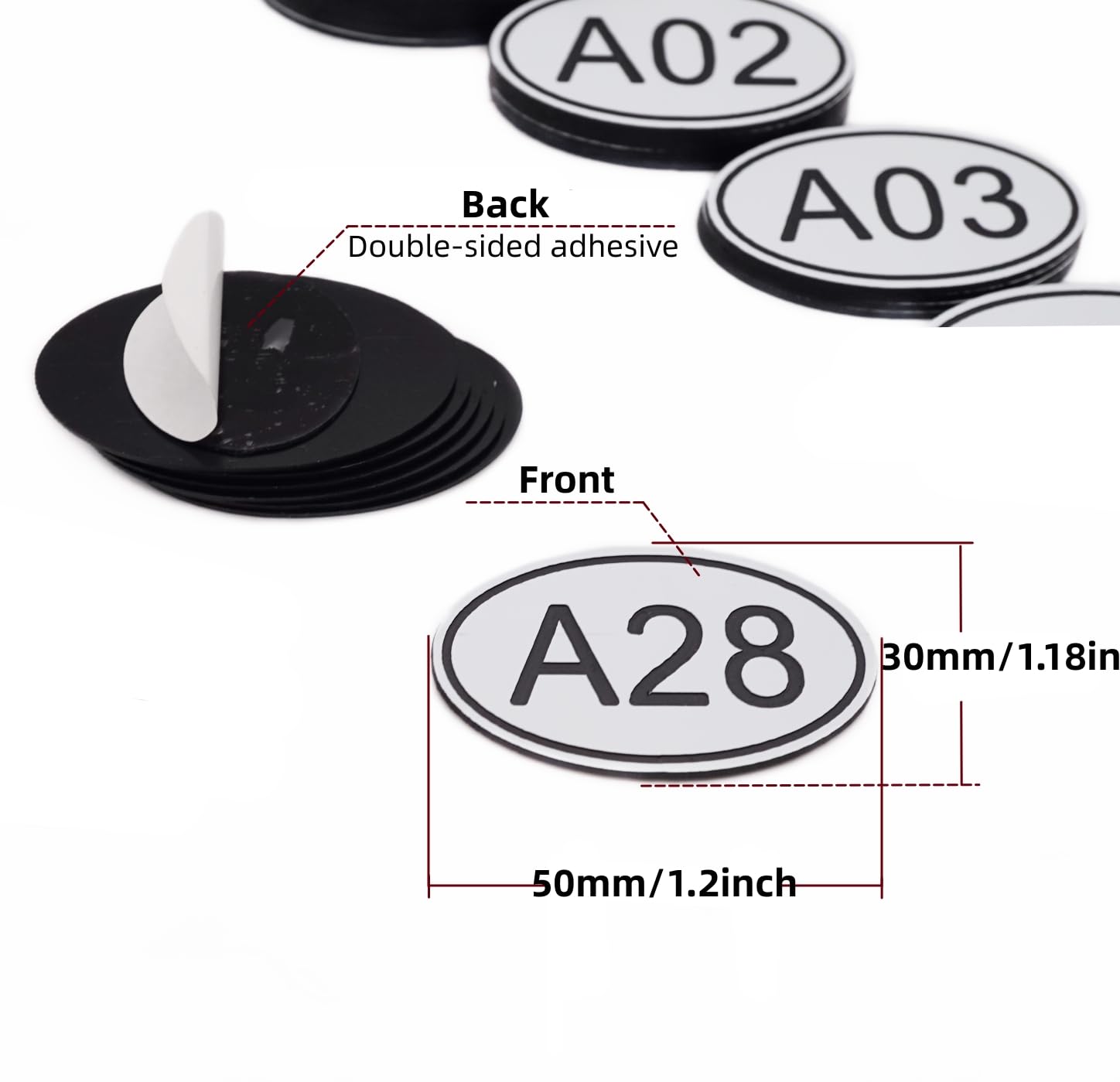 NanTun 50 Pack Black Oval Locker Tags Table Numbers - 30mm x 50mm ABS Plastic Engraved Numbers - A01 to A50 - Image 2