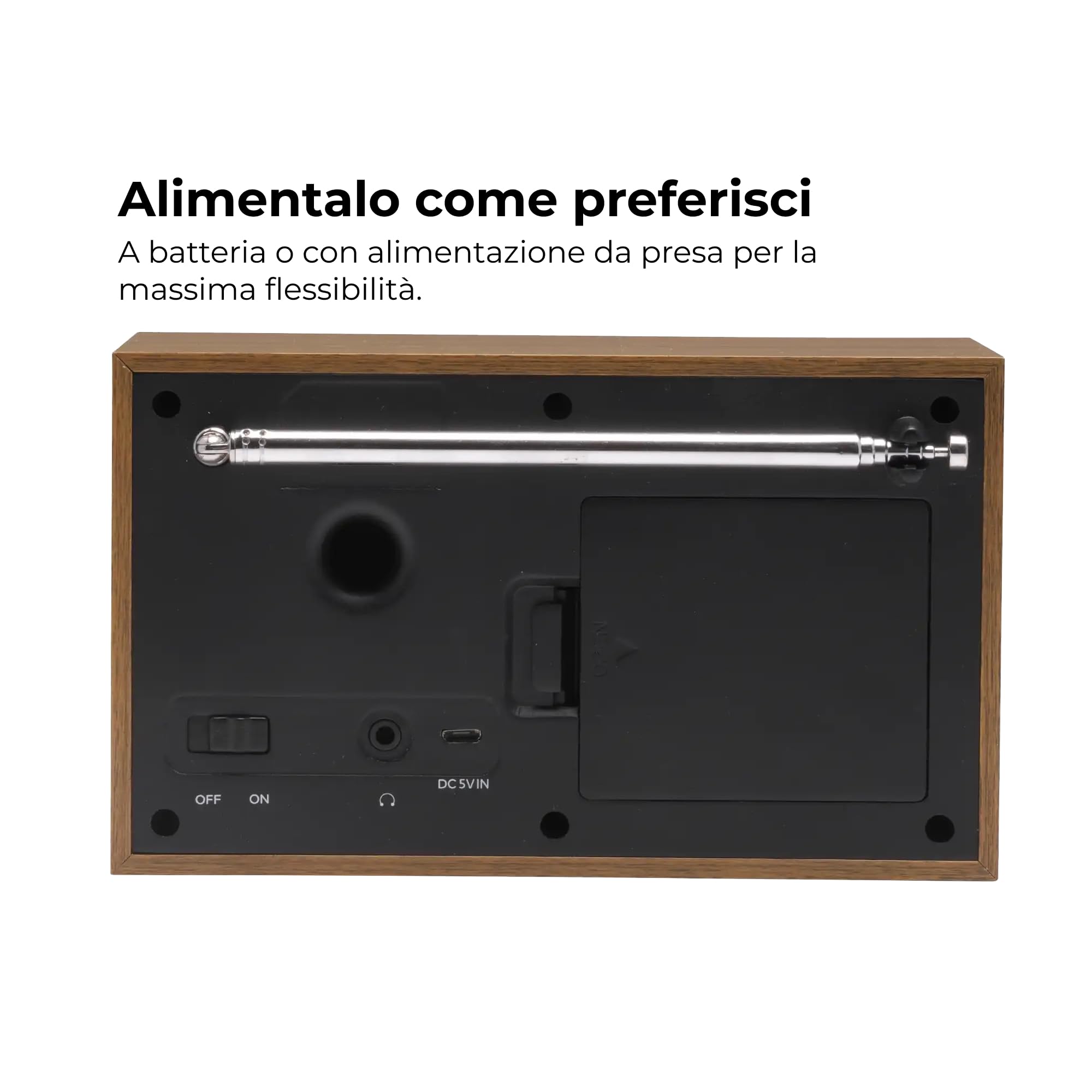 DENVER DAB-46WHITE Radio Digitale DAB+ e FM con Orologio e Sveglia, Funziona con Batteria e Corrente, Uscita Audio da 2 W, Finitura Legno, Bianco