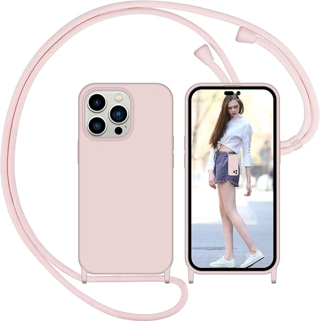 Nupcknn Liquid silikonowe etui ze smyczką na telefon komórkowy iPhone 13 Pro Max, etui na szyję (zdejmowane), ze sznurkiem do zawieszenia, etui ochronne z paskiem (różowe złoto, 6,7")