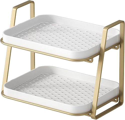 Organizador de encimera de 2 niveles, bandeja blanca, estante seco con bandeja de drenaje, almacenamiento de cocina de metal, estante organizador de