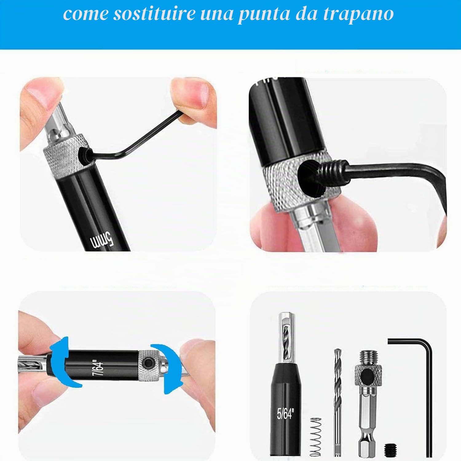 Set di 22 punte autocentranti per trapano, punte VIX con codolo esagonale da 1/4", 5/64-1/4" a cambio rapido per cerniera centrale, chiavi esagonali per la lavorazione del legno, metallo