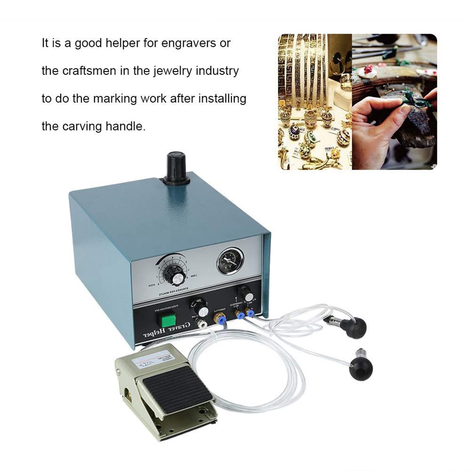 Pneumatische Graviermaschin 100-4000rpm/min Schmuck Gaviermaschine 60W Doppelseitige Schmuckstecher 110V/220 V Double Ended Drehgriff Gravieren mit Fußschalterpedal,220V
