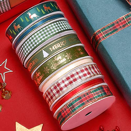 10yd Kerst Lint voor Geschenken Grosgrain Satijnen Stof Lint Set voor Xmas Cadeaupapier, Haarelastiekjes Maken, Craft… - Image 3