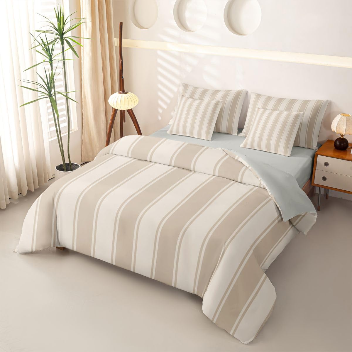 Homewish Set copripiumino king size a righe beige e marrone, 7 pezzi