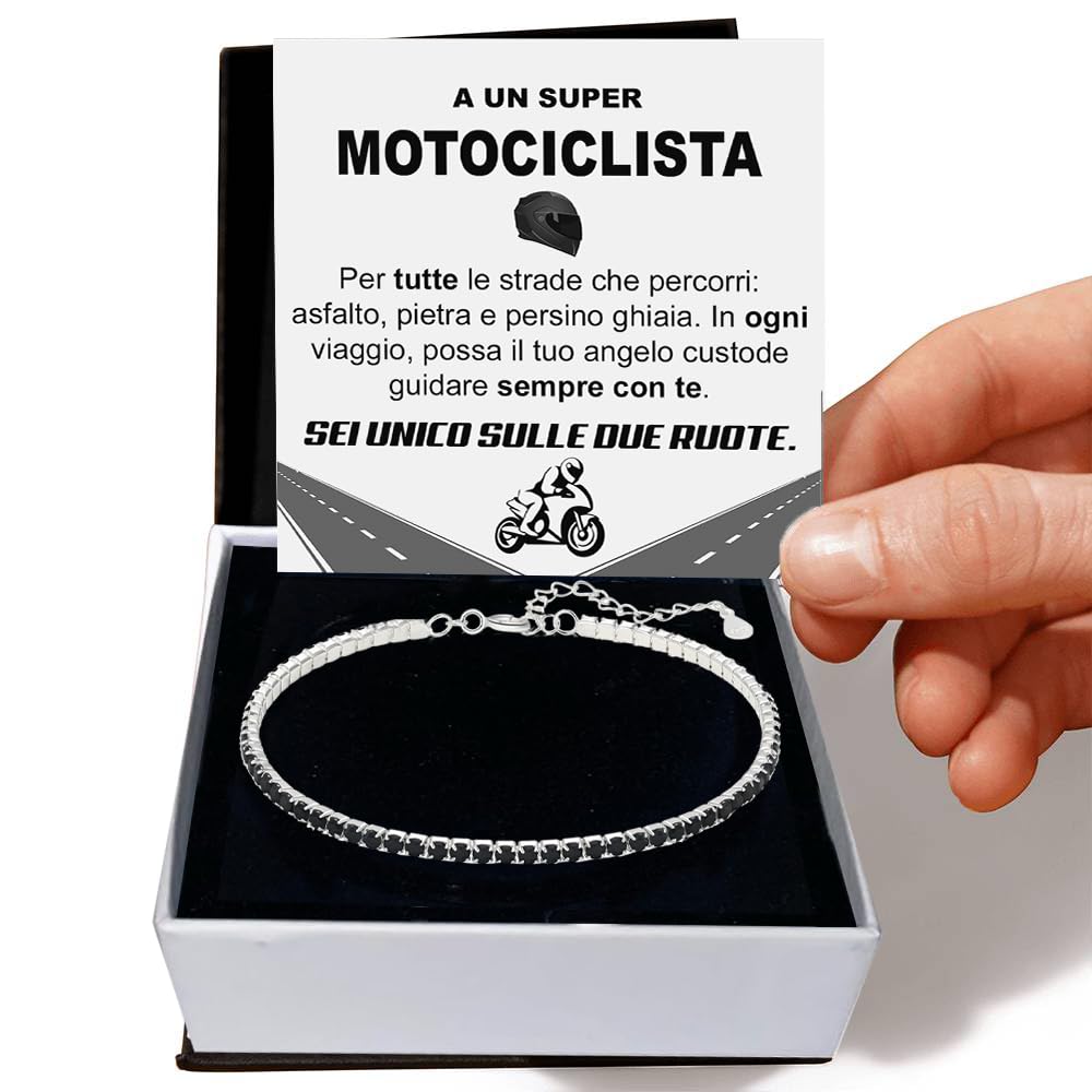 Bracciale Motociclista Tennis Uomo con Pietre di Zirconia Cubica Idea regalo Compleanno per lui Finitura in Oro Bianco Argento 925 Natale biker - Cofanetto con DEDICA incluso