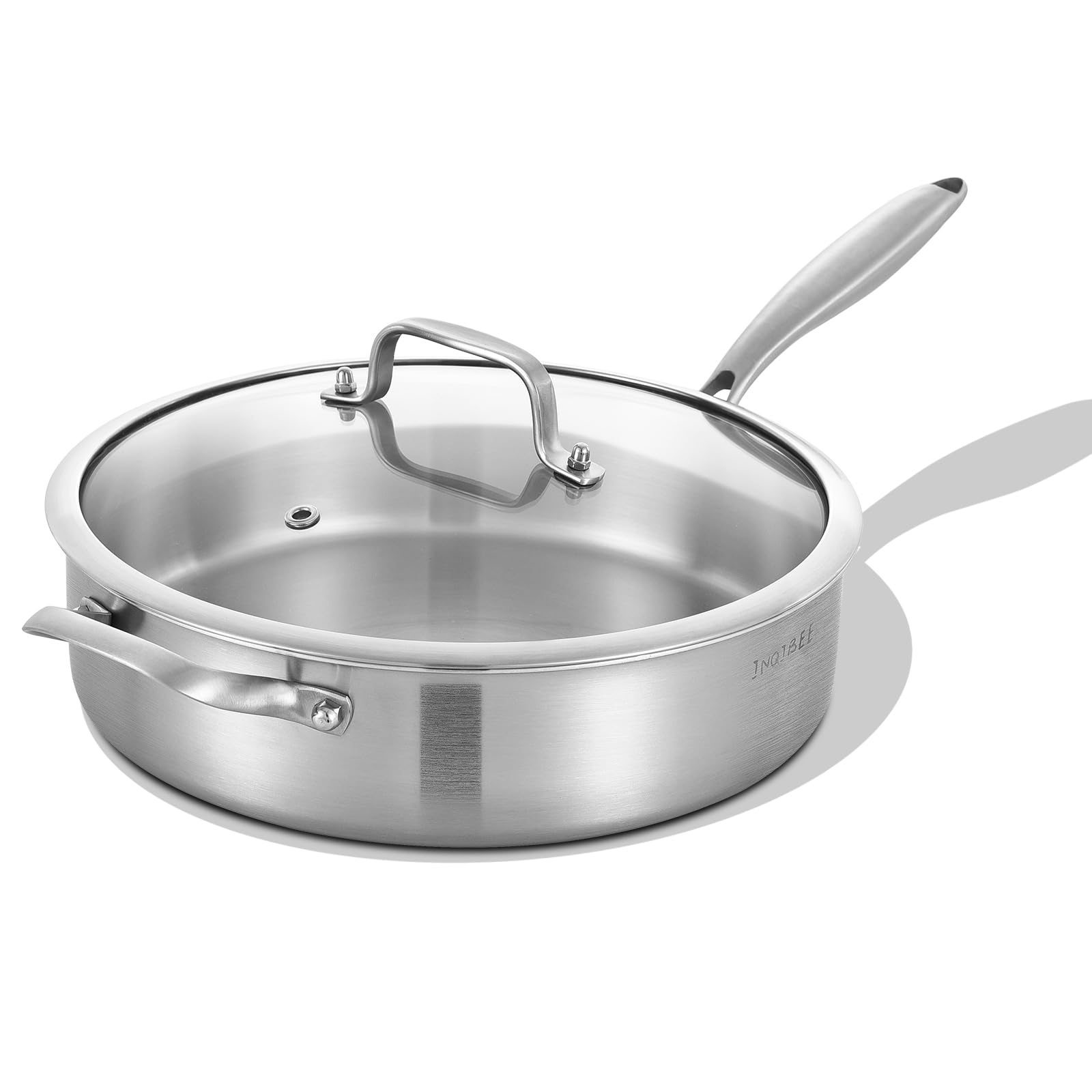 Inqibee 4.8 Litre Stainless Steel Saute Pan with Lid, 28 CM Tri-Ply Deep Skillet, Professional Uncoated Frying Pan, Induction Ready, Compatible with All Cooktops, Oven