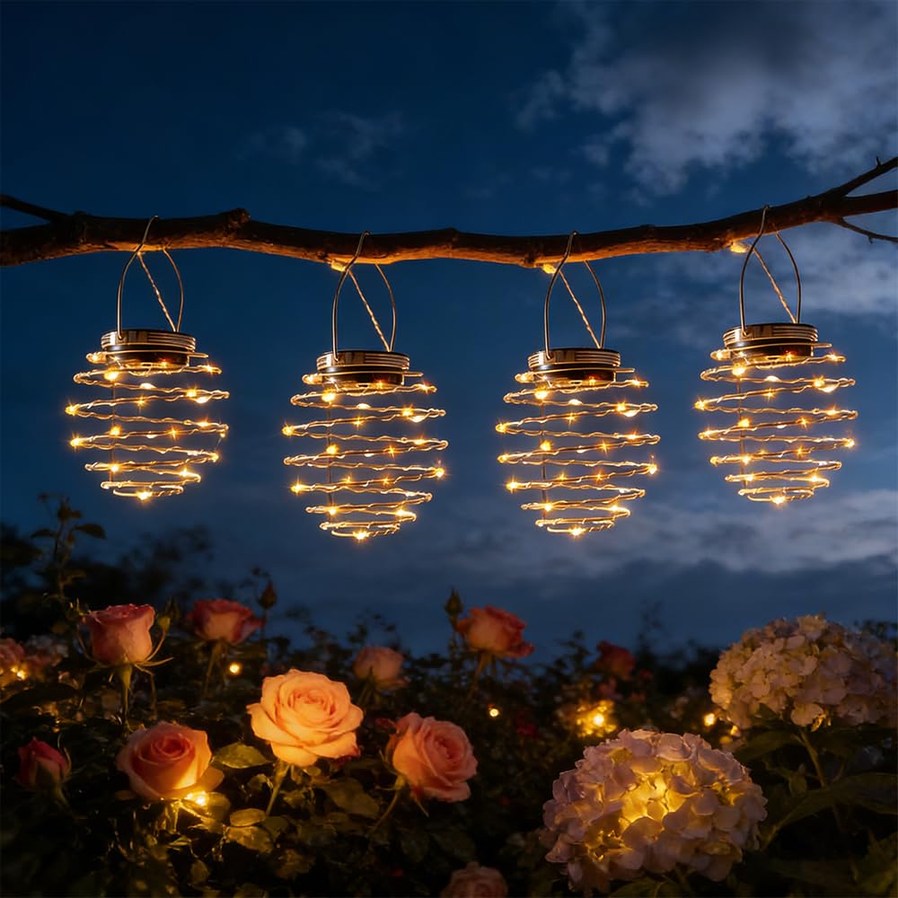 Afenau Solar Spiral Lanterns for Outside, 4 Pcs Solar Lanterns for Outside, Waterproof Garden Lanterns Solar Powered, Hanging Solar Lights for Party, Garden Wedding, Porch Decor (Warm Light)