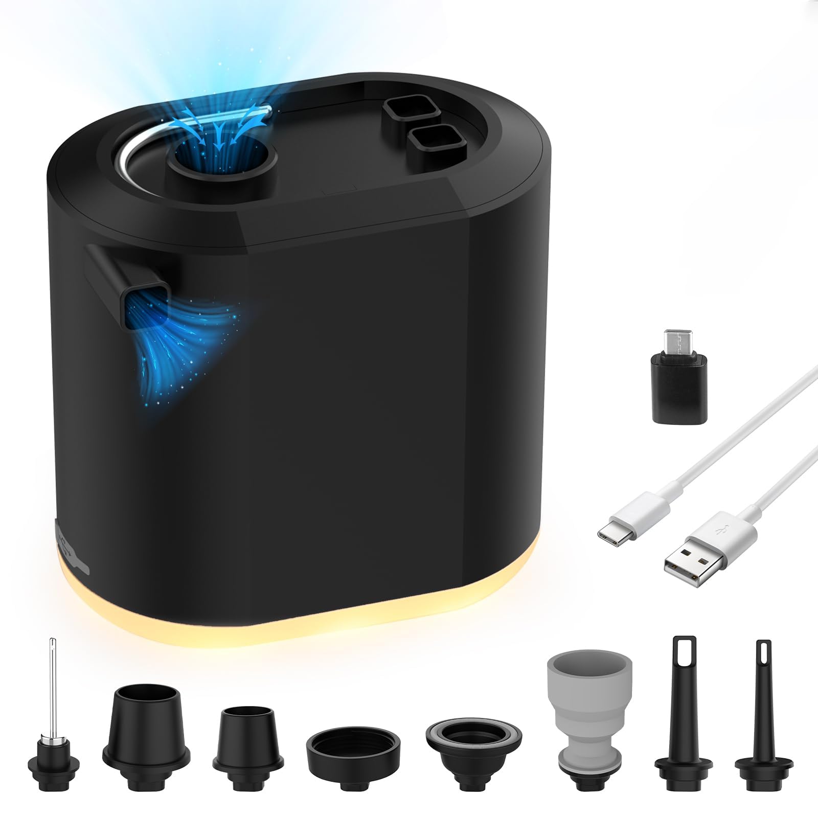 Mini Portable Air Pump for inflatables, Tiny Pump Electric with Camping Light, 3600mAh Battery USB Rechargeable Air Pump to Inflate Deflate for Pool Floats Mattress Swimming Ring Vacuum Bag(8 Nozzles)