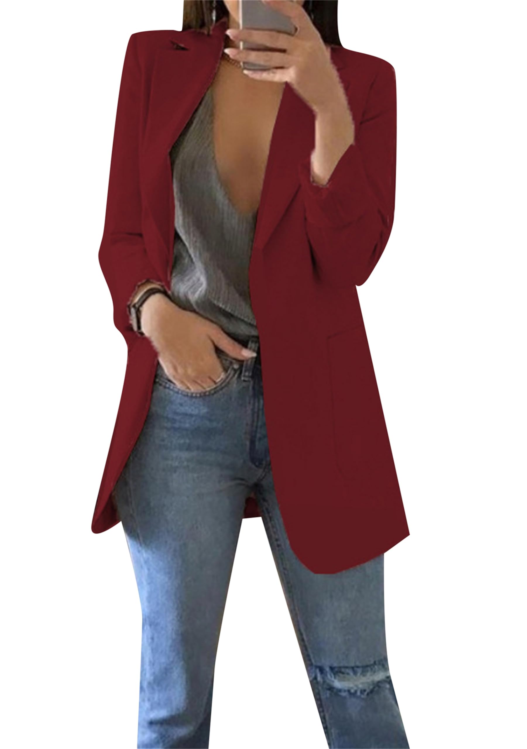 Womens Casual Lapel Jackets Long Sleeve Blazers with Pockets Basic Open Front Suits