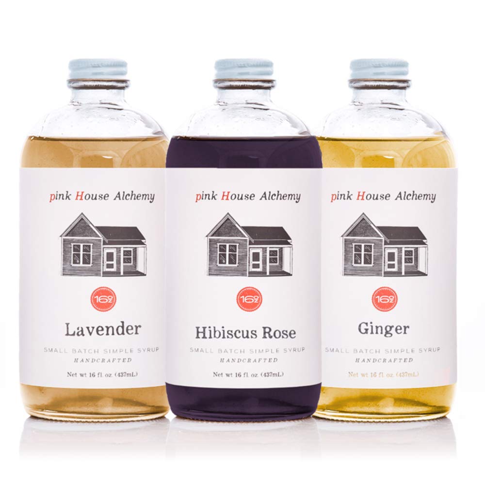 Pink House Alchemy Bartender Collection - 3 / 16 oz Ginger - Lavender - Hibiscus Rose Simple Syrups - Fresh Harvested Fruit & Herbs - Cocktails - Mocktails - Coffee - Shaved Ice (Bartend)