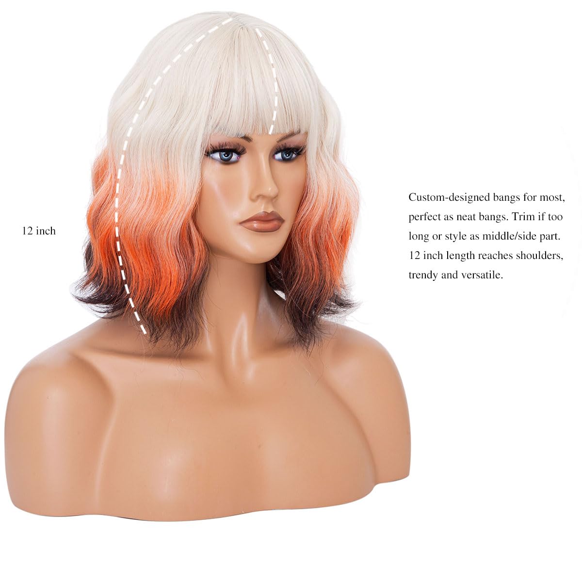 BUYOGET Wavy Bob Wig with Bangs Synthetic Hair Shoulder Length 12 Inch Short Curly Wigs for Women Fox, #T6 Fox - Image 3