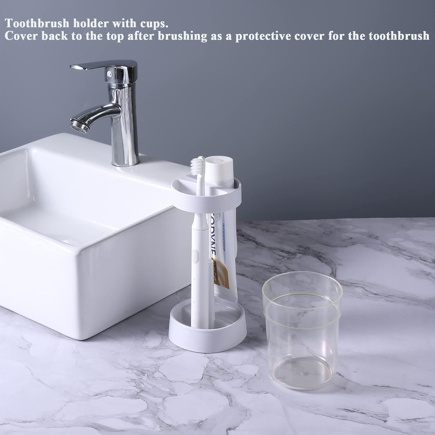 Toothbrush Holder with Cup/Cover Contains 2 Slots, Compatible with Electric Toothbrushes and Conventional Toothbrushes, Can Store Toothpaste Meiloi