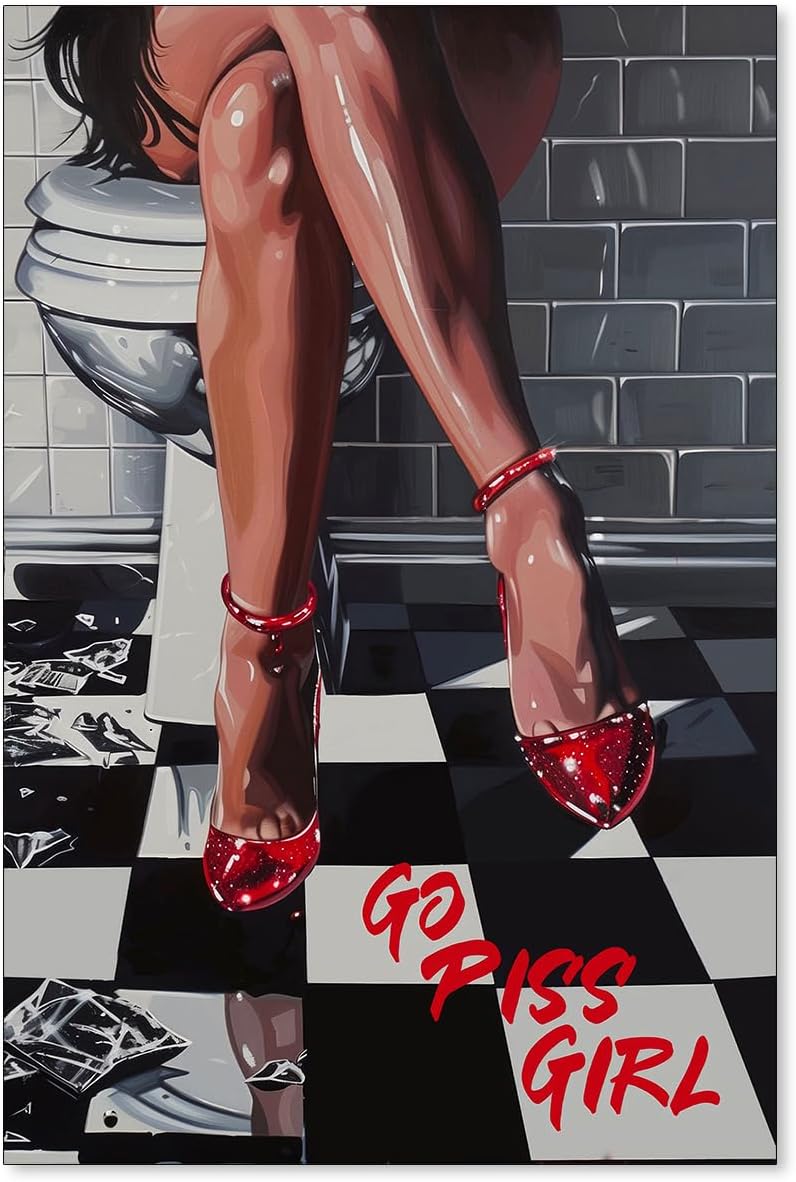 Modern Sexy Women Poster Black and White Photography Canvas Wall Art Woman On Toilet Smoking and Drinking Wine Bathroom Wall Prints for Bar Bathroom Toilet Decor 16x24inch Black Framed
