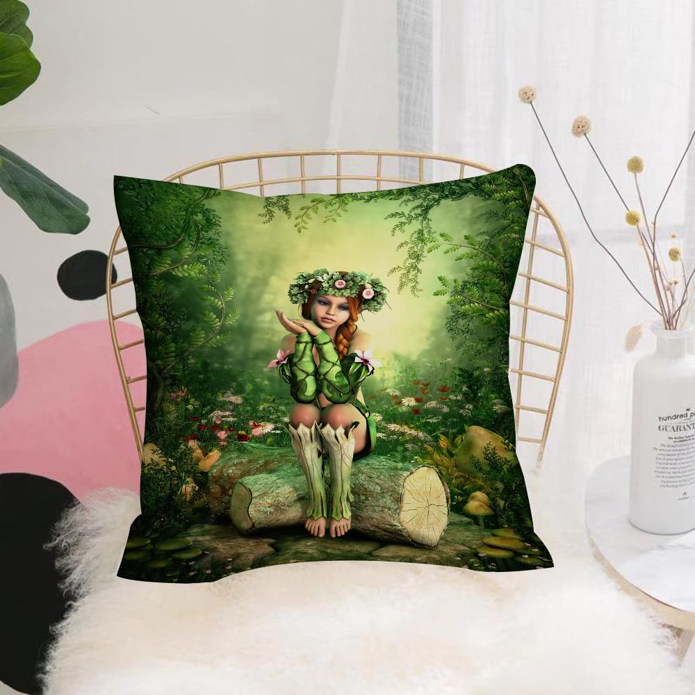 HYMSXW Cushion Cover,Throw Pillow Case Home Decorative for Living Room Bedroom Sofa Chair 20X20 Inch,Fairy,Computer Art Elf Girl with Wreath on Her Head Sitting on a Tree Stump,Pillowcase 50X50cm