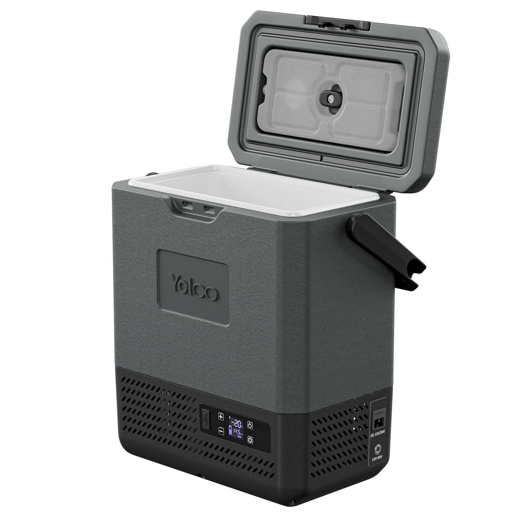 Yolco ET8 Carbon 8L lodówka kompresorowa z akumulatorem SC4B – Przenośna lodówka samochodowa 12V/24V/230V, funkcja zamrażania do -20°C, Cicha mini lodówka na kemping, vanlife i outdoor