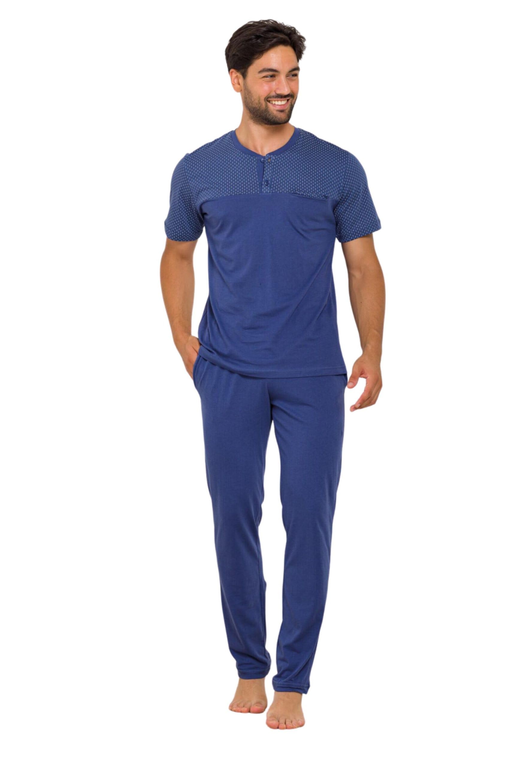 Leo Corsetteria Pigiama Uomo Classico Cotone Jersey Serafino Tasca Mezza Manica Marca Ohana Blu
