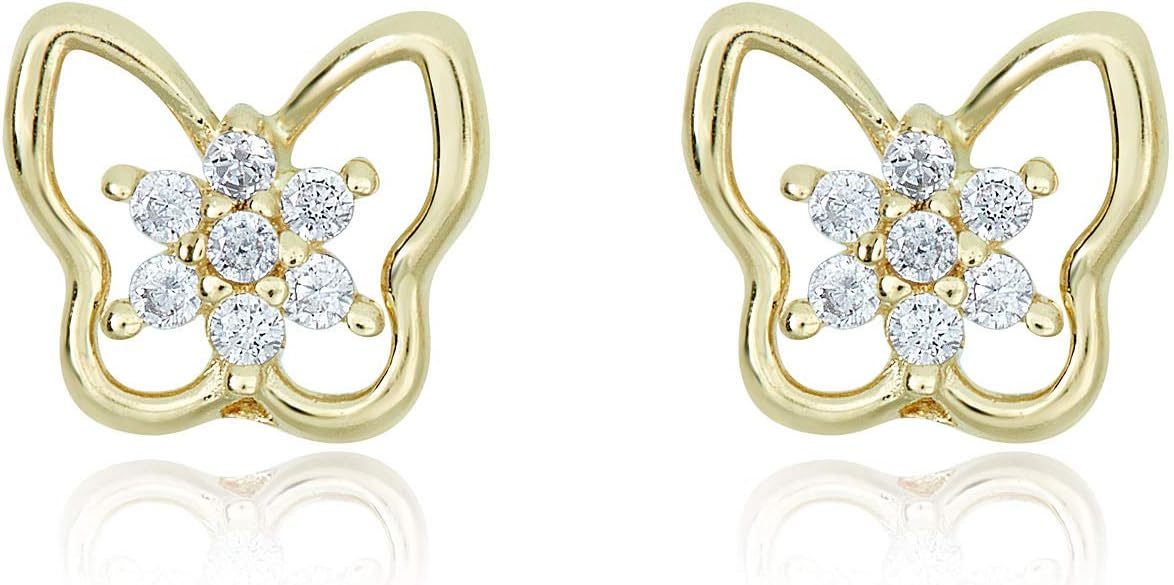 AVORA 14K Yellow Gold Simulated Diamond CZ Open Butterfly and Flower Stud Earrings