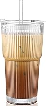 KELVEE Ribbed Glass Tumbler with Lids and Straw Pack of 1, 600ML Aesthetic Iced Coffee Mug Sipper Bottle, Mason Drinking Cup for Green Tea, Juice, Cocktail, Matcha Cold Drinks Travel Mug (Lining)
