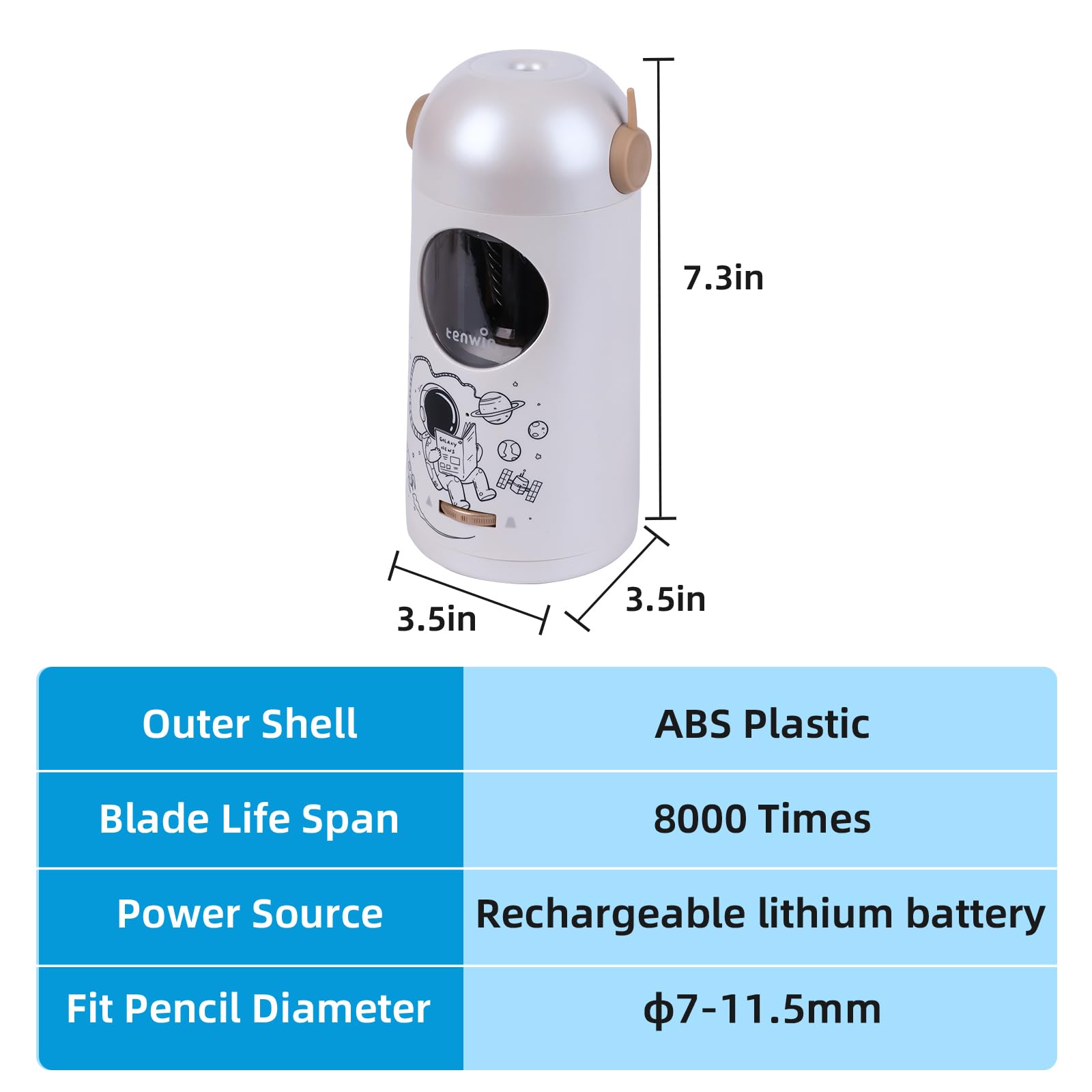 Tenwin - Sacapuntas eléctrico recargable, totalmente automático para lápices de 7 a 11,5 mm, sacapuntas manos libres para lápices de colores, entrada y salida automática, puntas ajustables (plata)