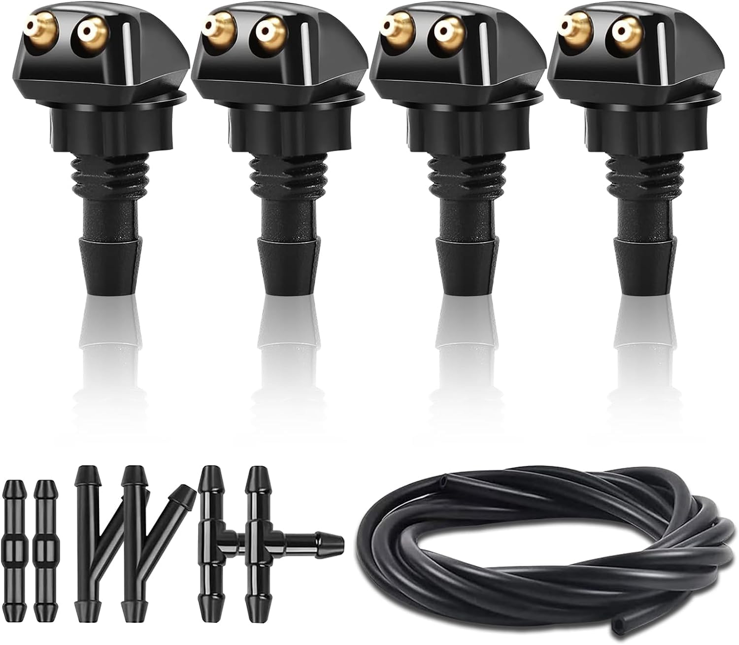 Front Windshield Washer Nozzle Kit - 4pcs With Adapters and Hoses - Wiper Spray Fit for Most Cars