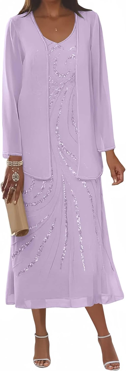 Women's 2 Pieces Chiffon Mother of The Bride Dress with Jackets Long Sleeve V-Neck Formal Evening Gown