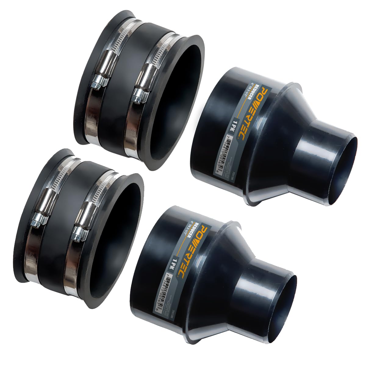 POWERTEC 70322-P2 4" to 2-1/2" Reducer and 4" Dust Control Flex Cuff with Hose Clamps, 2 Sets, Black