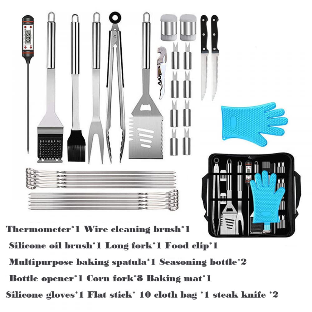 Set di strumenti per barbecue da 32 pezzi, accessori per grigliate in acciaio con custodia, grembiule portaoggetti, tappetini per griglia, termometro per campeggio barbecue in giardino, regali per uom