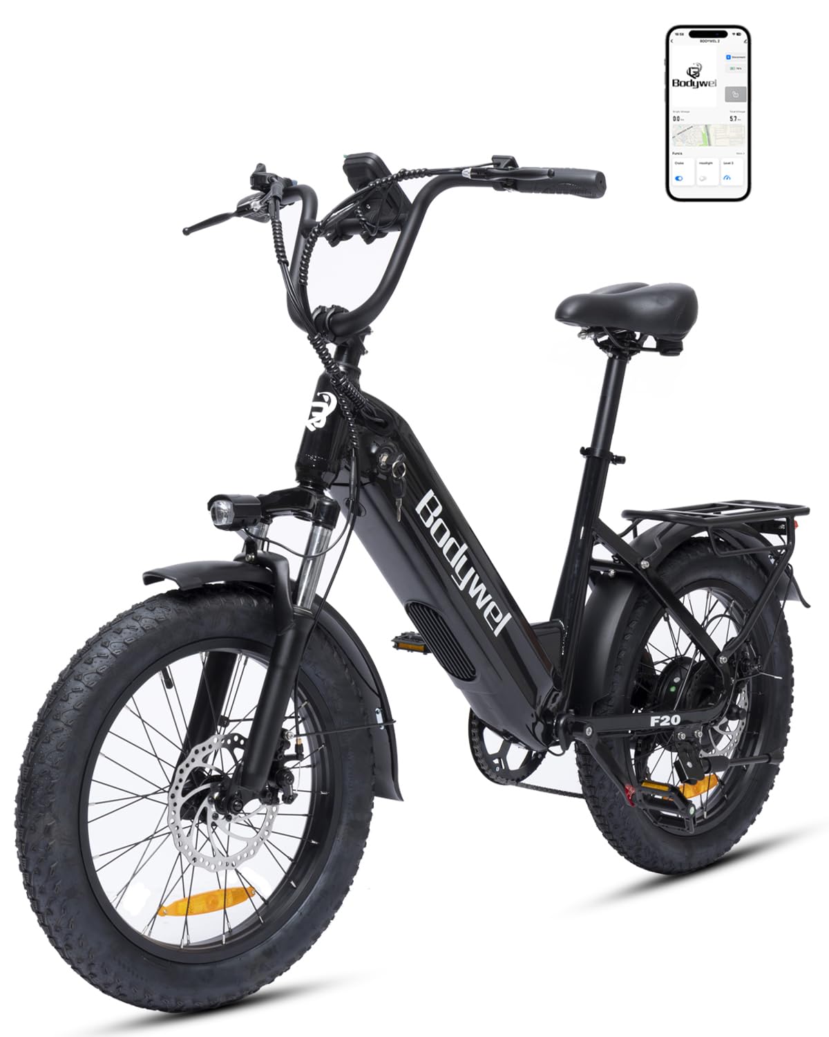 Bodywel F20 E-Bike Adulto 48V 15Ah Batteria 250W Motore 25 km/h, Bici Elettrica Fatbike 20 Pollici per Uomo e Donna, 7 Velocità, Display Smart APP, Freni a Disco 180mm, Portapacchi