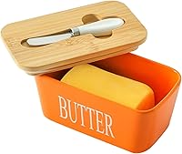 Vista 9 de Hasense Mantequillera de porcelana con tapa de bambú - Mantequillera cubierta con cuchillo de mantequilla para encimera, recipiente hermético