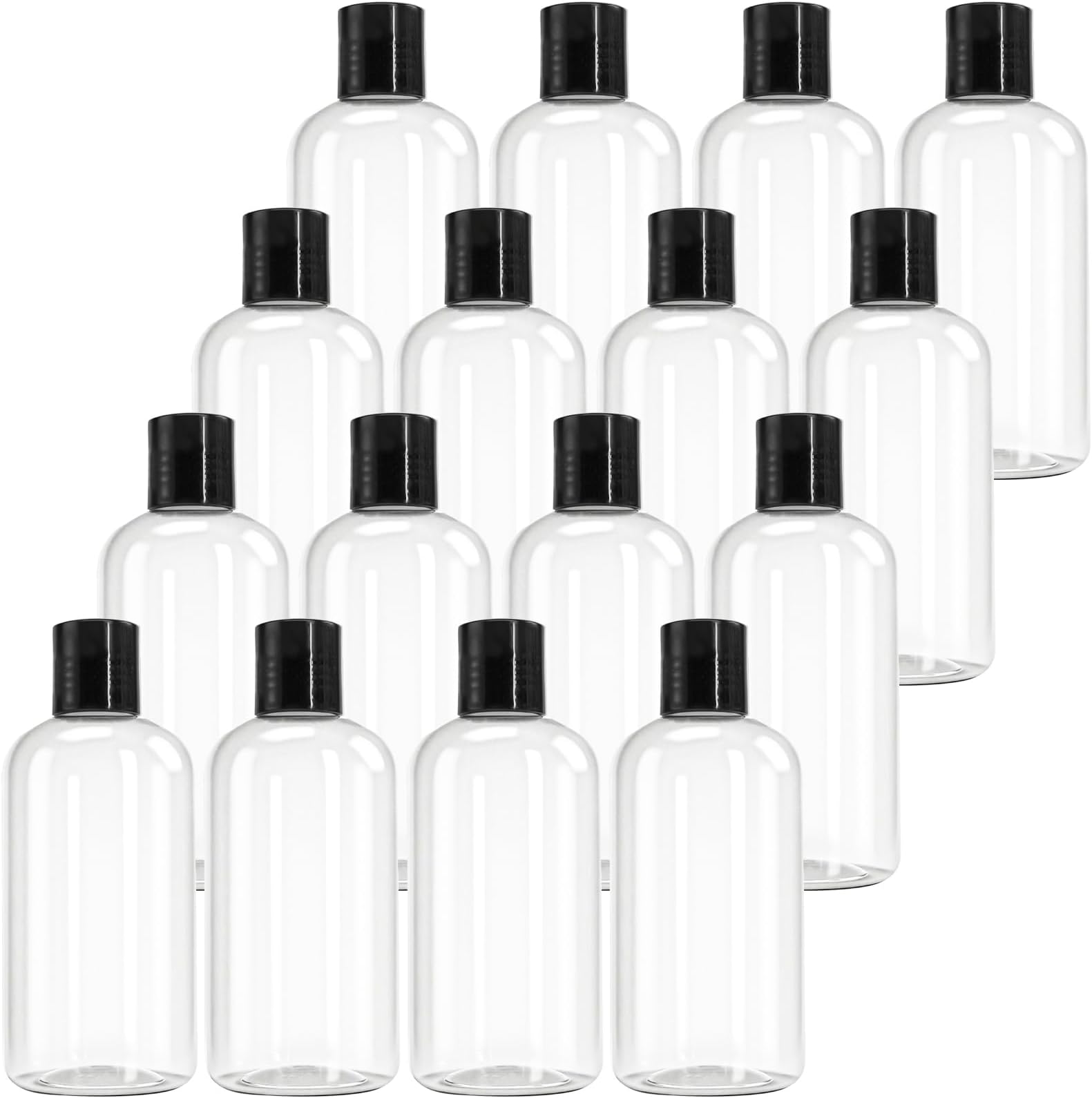Bekith 16 Pack 8oz Clear Plastic Empty Bottles with Disc Top Caps, Refillable Travel Containers for Shampoo, Lotions, Liquid Body Soap, Creams