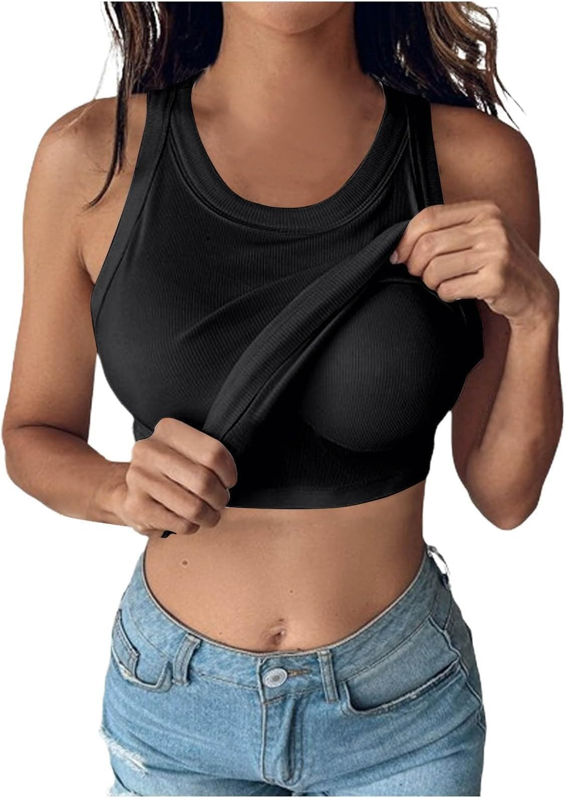 BUNSLOOM Damen Tank Top Eingebauter BH Ärmellos Ribbed Racerback Fitted Casual Shirts