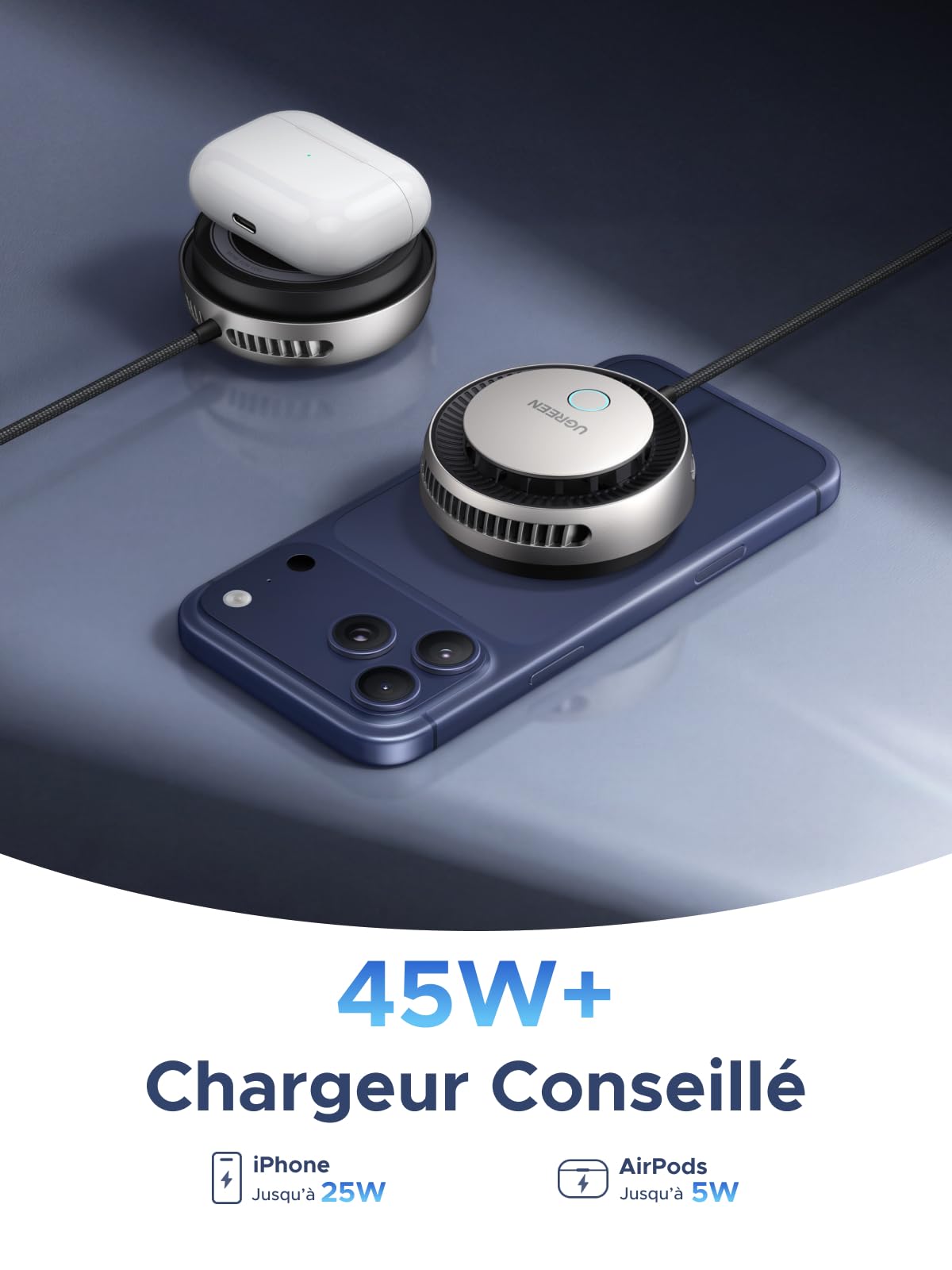 UGREEN MagFlow Pro Qi2 25W Chargeur Induction iPhone MagSafe Charge Rapide | Compatible avec iPhone 17/16/15/14/13/12 Air Plus Pro Max, AirPods 4/3/Pro/2/3, Refroidissement TEC Actif Ventilateur Intégré