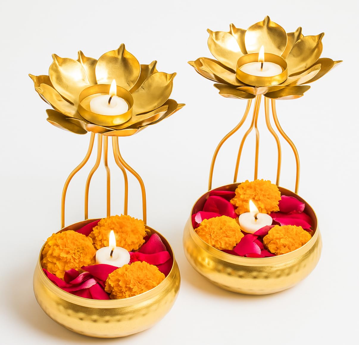 Loopysky Set of 2 Brass Floral Urli Bowls with Tealight Holders | Decorative Gold Metal Bowls for Floating Flowers, Candle, Home & Pooja Décor | Ideal Gift (15x13x27 cm)-image-14
