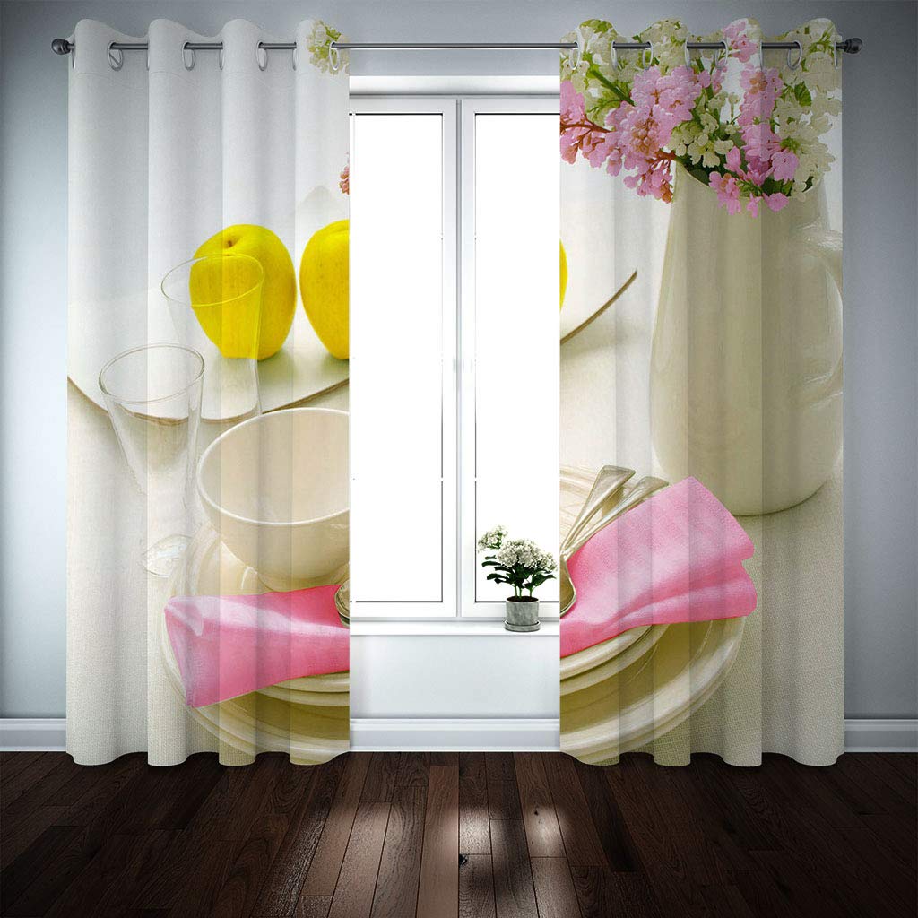 Rideaux Chambre Enfant 3D Fleurs De Vaisselle De Style Européen Fille Motif Rideau Occultant Isolants Thermique Anti Froid À Oeillets 264x240Cm Salon Décoration Lot De 2 Voilages Décor Chambre Bebe