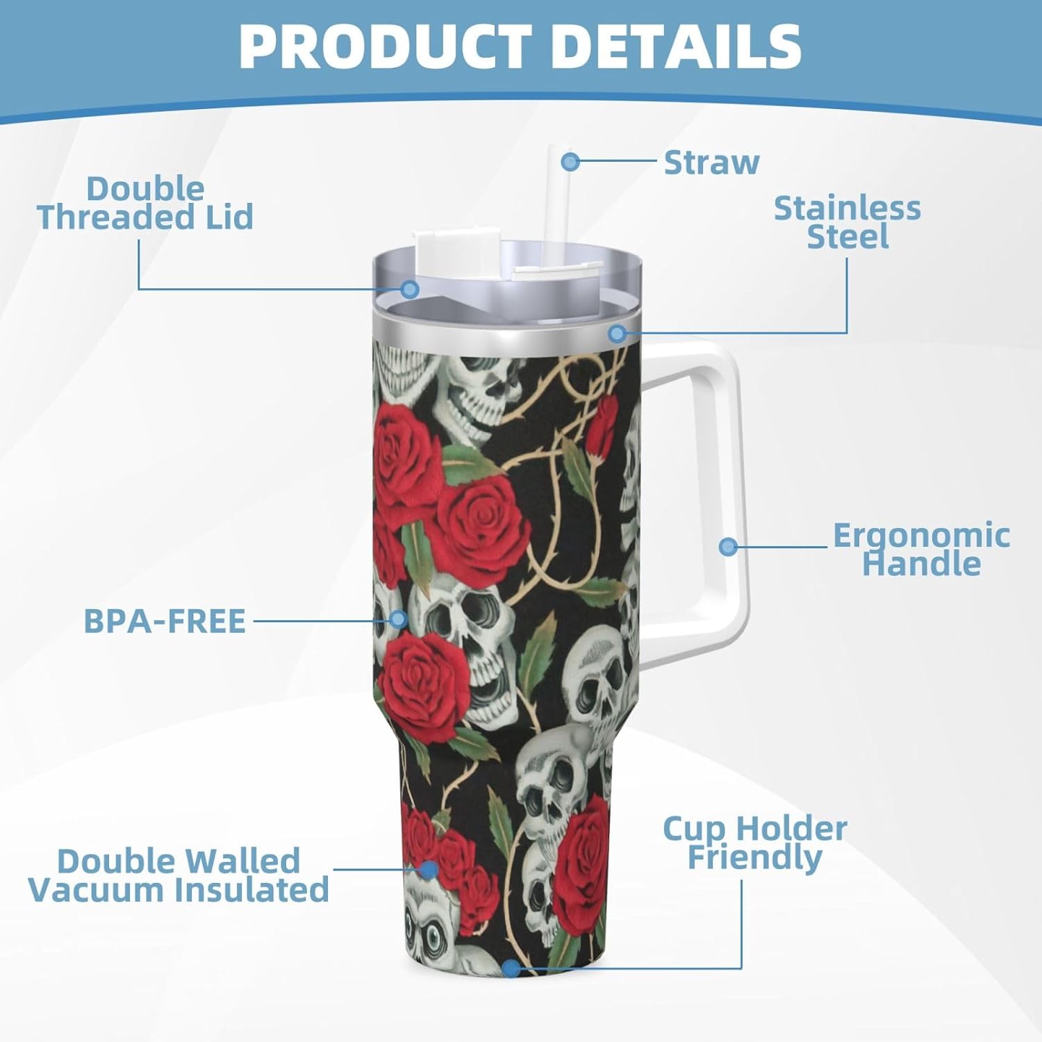 40 OZ Skull and Red Rose Print Ice Bully Cup with Handle Straw Lid Straw,Stainless Steel Tumbler Coffee Cup