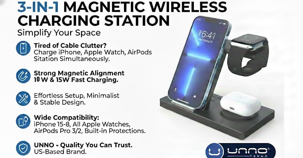 UNNO 3-in-1 Magnetic Wireless Charging Station with Fast Charge | Compatible with iPhone 15/14/13/12, Apple Watch (All Series), AirPods Pro 3/2 | Desktop Stand for Home & Office