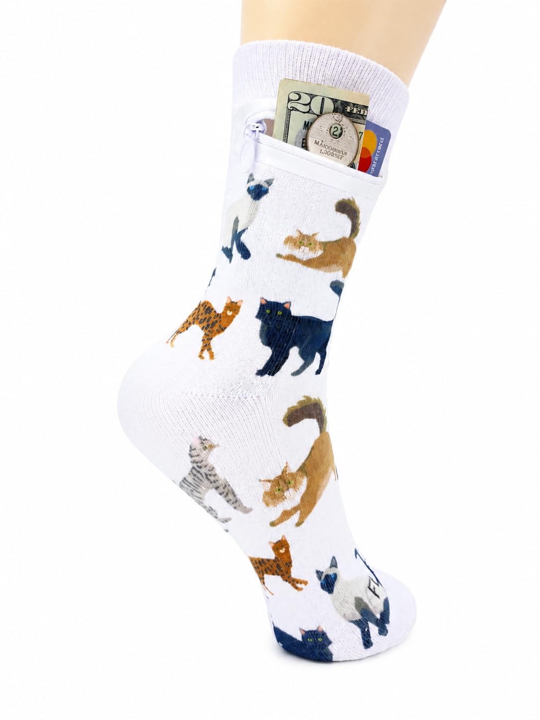 Zipper Sock Wallet - Cotton &amp; Polyester Zipper Socks with Pockets - Fits shoe size 6-13