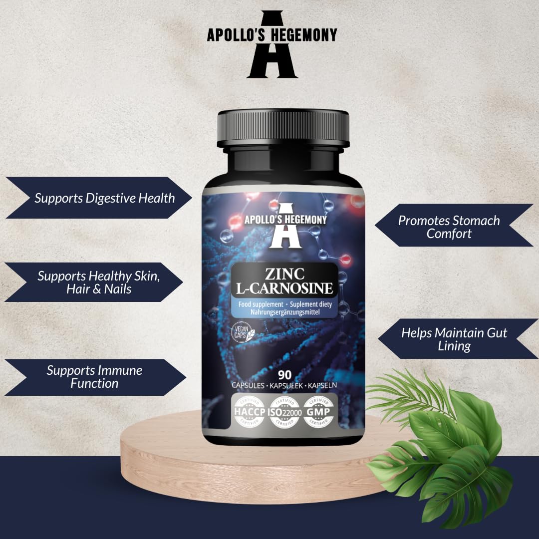 Zinco L-Carnosina 37,5 mg per capsula - 90 capsule vegane - 3 mesi di fornitura - Per la salute di pelle, capelli e unghie - Integratore da Apollo's Hegemony