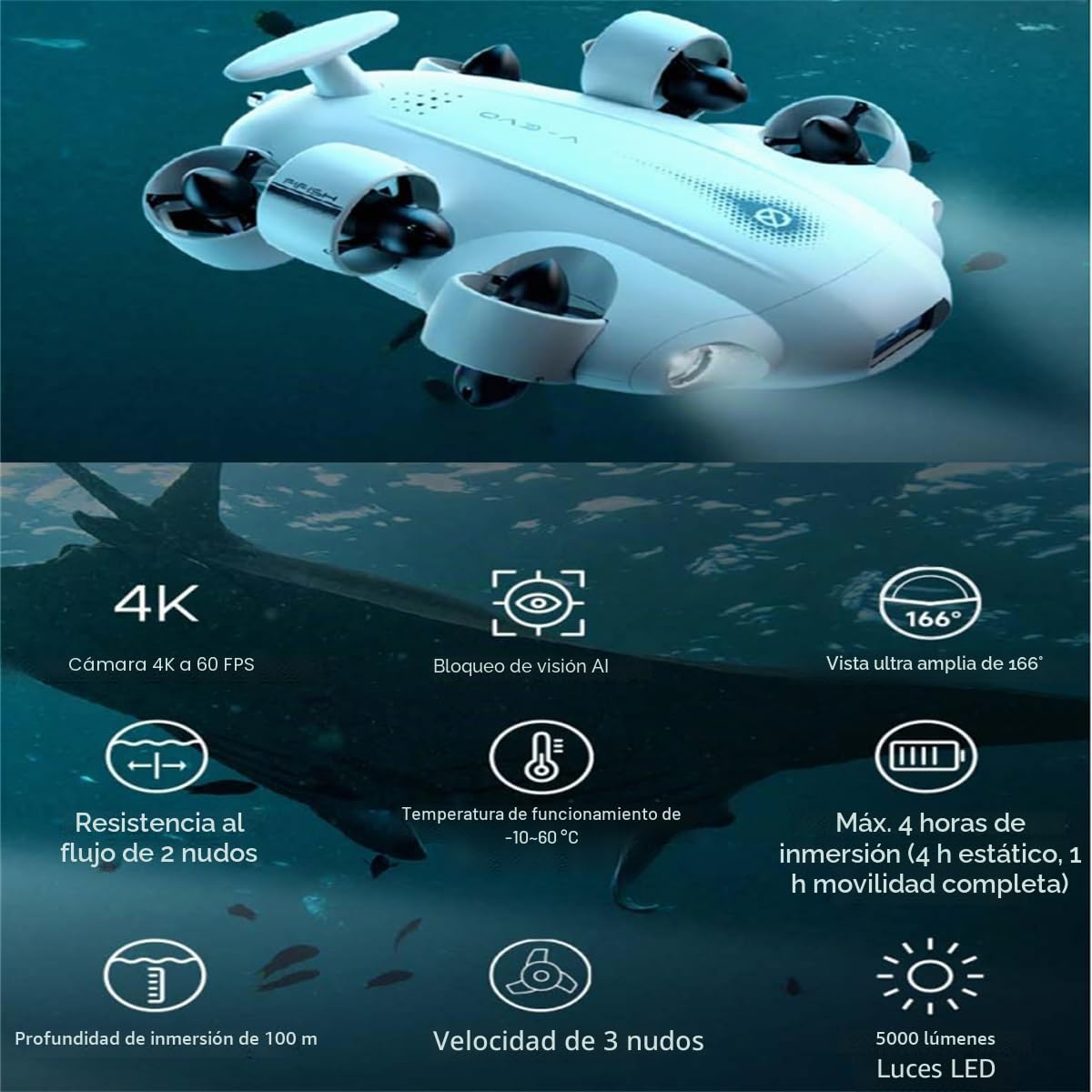 CAMOLECH FIFISH V-EVO 4K - Dron submarino con brazo robótico AI Vision Lock 360°, movimiento omnidireccional, 100 m, buceo bajo el agua ROV (juego estándar)