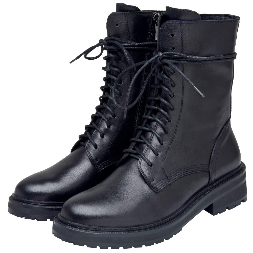 rismart Damen Biker Boots Mid-Calf Leder Stiefeletten mit Reißverschluss Schnürer Klassisch Stiefel