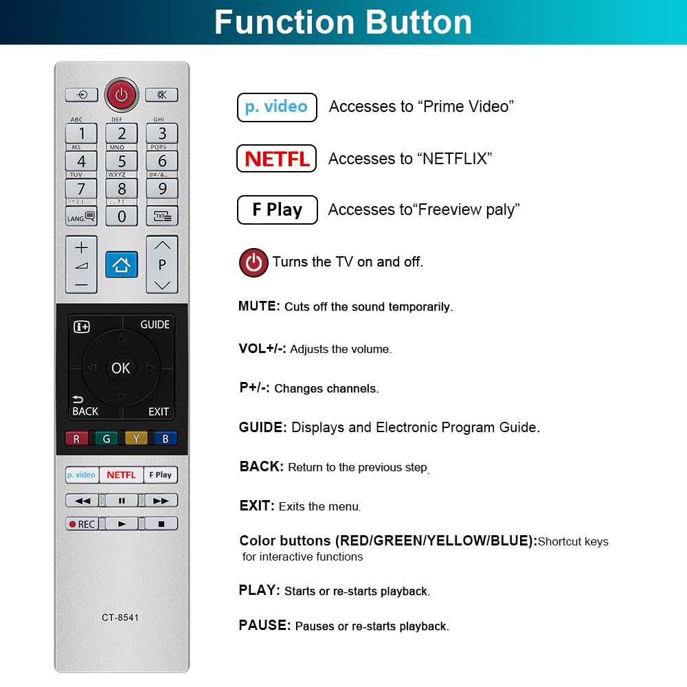 Telecomando Sostitutivo CT-8541 CT8541 Per TV Toshiba: Compatibile Con Modelli 2018-2019 UHD HD LED (40L3863DB, 43VL5A63DB, Ecc.)