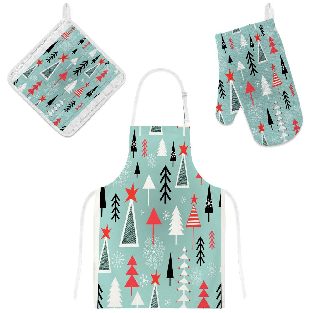 Tablier de cuisine et gant de cuisine haut de gamme aux motifs raffinés de sapins de Noël