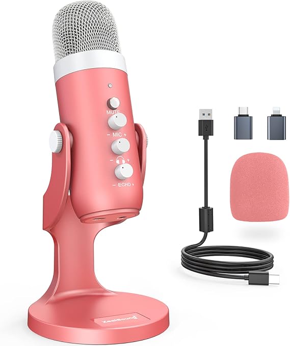 zealsound USB Microphone, Cardioid Streaming Mic for PC, W/adapters for