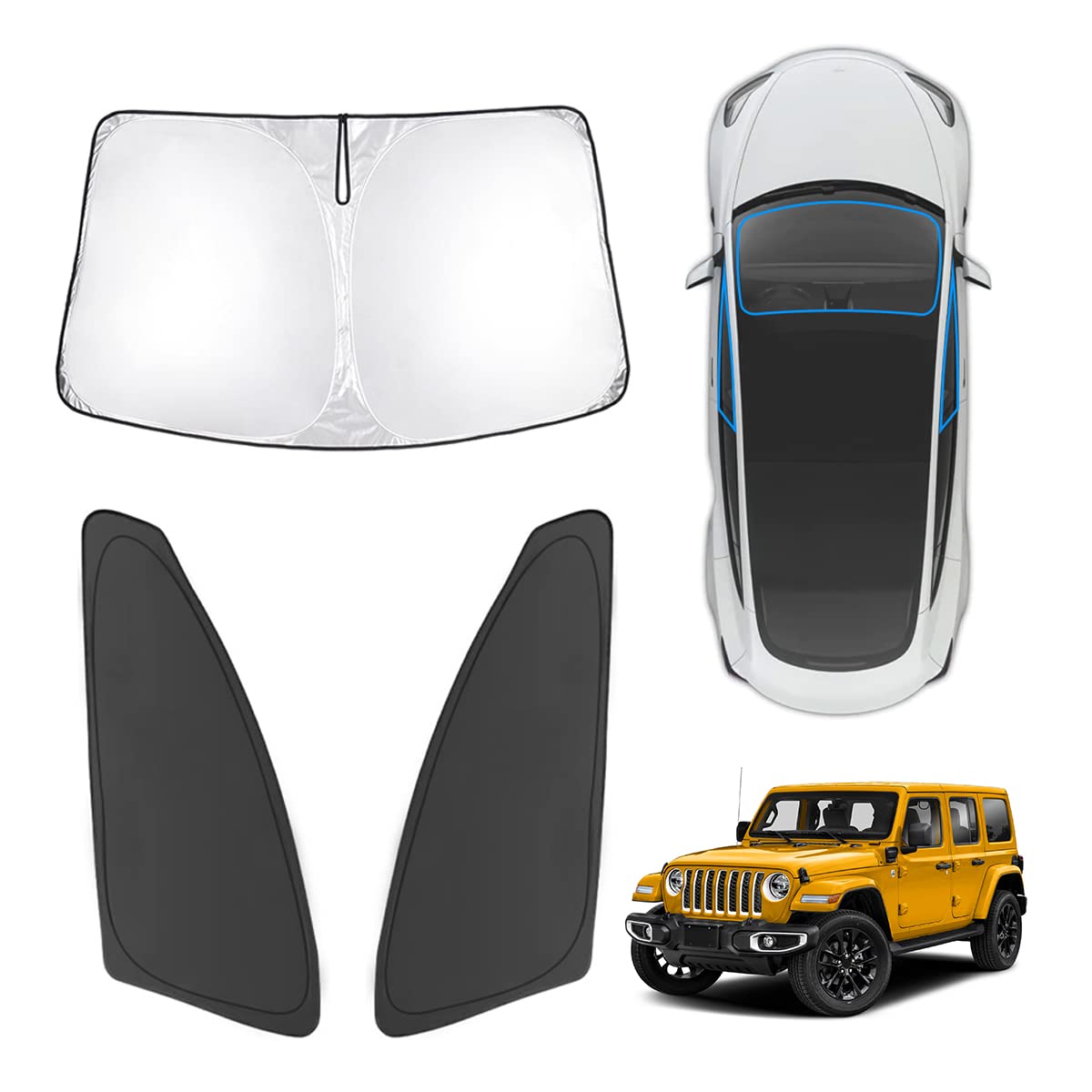 Karltys Windshield Sunshade for Jeep Wrangler 4XE 2021-2023 2024 Accessories, 4XE Sun Shade Side Window, Foldable Front Windshield Cover, Thick 210T Car Sun Visor Protector Blocks UV & Heat 3PCS