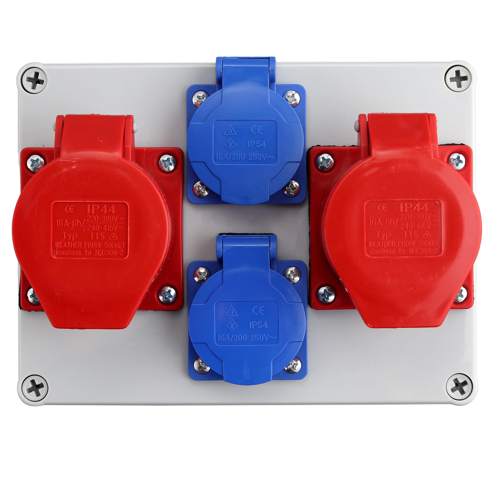 EYPINS Distribuidor de Corriente para Construcción, Distribuidor de Pared 2x 230V Enchufes Schuko+2x Enchufe CEE 16A,IP66/IP54 Impermeable,Carcasa de PC Ignífugo para Talleres Fábricas Autocaravanas