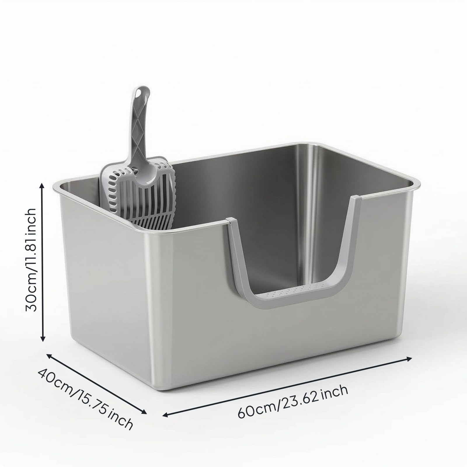Lettiera in Acciaio Inox con Paletta, Grigio Chiaro, Apertura Laterale, Con Paletta Per Lettiera Extra Large E Adesivi Antiscivolo