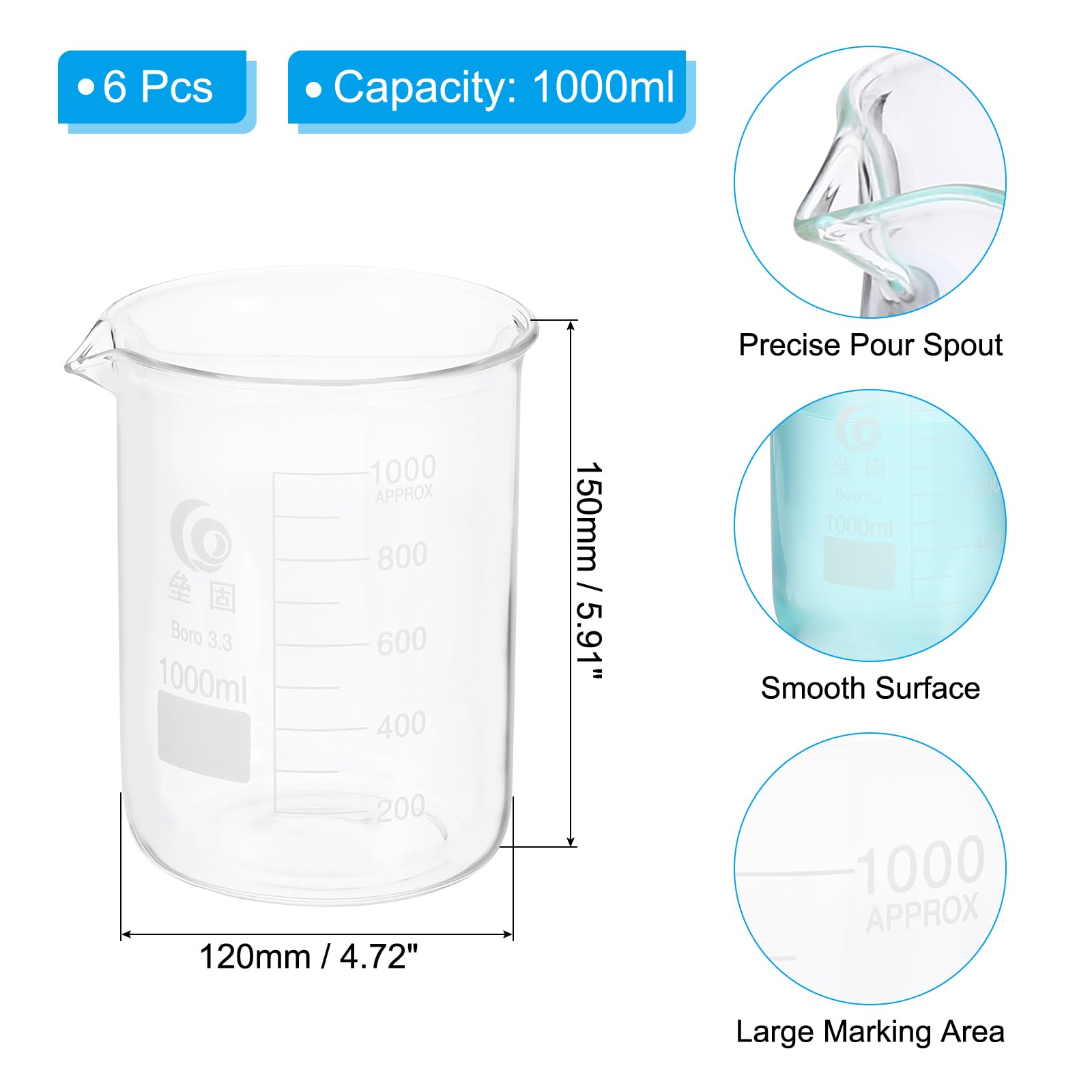 PATIKIL 1000ml Vaso Bajo, 6Pcs Vasos De Borosilicato 3.3 Taza Medición Graduada Con Pico Experimentos Laboratorio, Cocina Y Repostería, Transparente