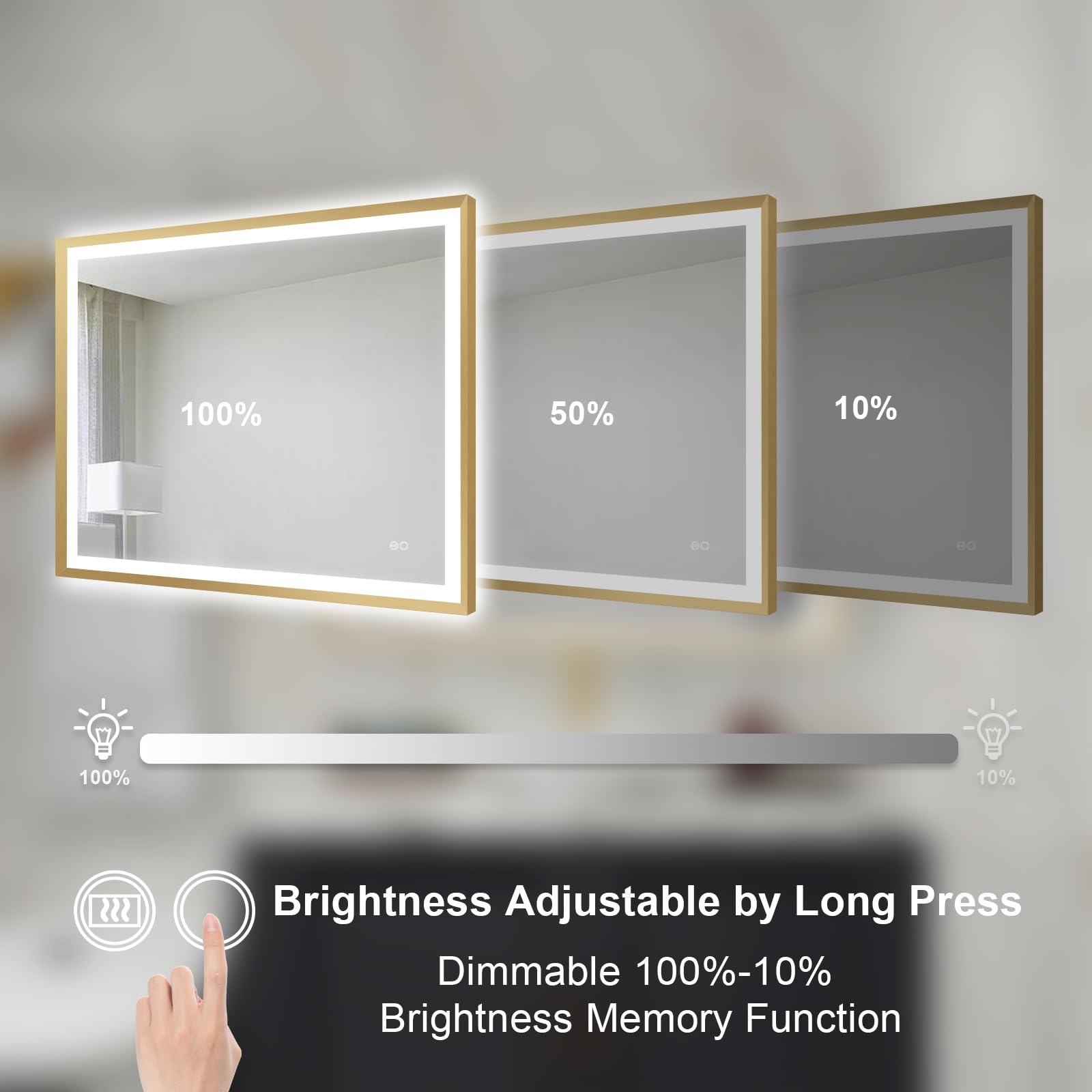 WELLFOR 40W x 32L Wall LED Framed Mirror, Backlit and Front Lighted Mirror for Bathroom Hotel, Bathroom Vanity Mirror Includes Dimmer Defogger, Vertical/Horizontal Mounted, Rectangle, Brushed Gold